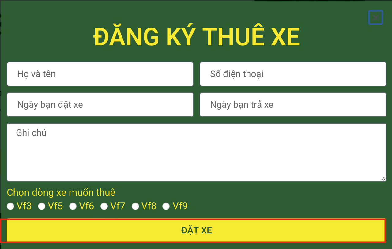 giao diện đặt thuê xe tự lái tại Thành phố vinh